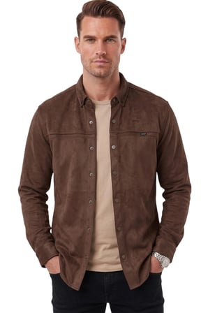 DeepSEA Erkek Kahve Likralı Çıtçıtlı Kırışmayan Süet Kumaş Slim Fit Cepsiz Mevsimlik Gömlek 2500556