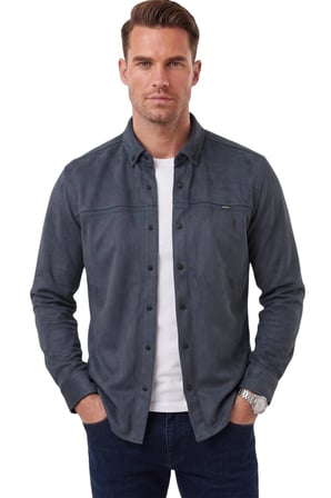 DeepSEA Erkek Lacivert Likralı Çıtçıtlı Kırışmayan Süet Kumaş Slim Fit Cepsiz Mevsimlik Gömlek 2500556
