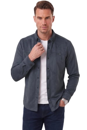DeepSEA Erkek Lacivert Likralı Çıtçıtlı Kırışmayan Süet Kumaş Slim Fit Cepsiz Mevsimlik Gömlek 2500556