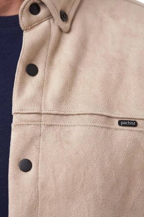 DeepSEA Erkek Krem Likralı Çıtçıtlı Kırışmayan Süet Kumaş Slim Fit Cepsiz Mevsimlik Gömlek 2500556