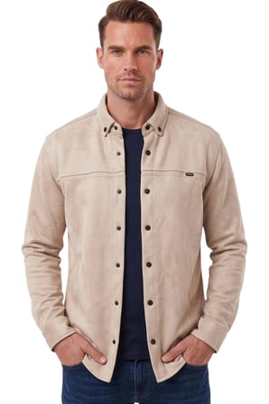 DeepSEA Erkek Krem Likralı Çıtçıtlı Kırışmayan Süet Kumaş Slim Fit Cepsiz Mevsimlik Gömlek 2500556