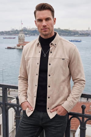 DeepSEA Erkek Krem Likralı Çıtçıtlı Kırışmayan Süet Kumaş Slim Fit Cepsiz Mevsimlik Gömlek 2500556