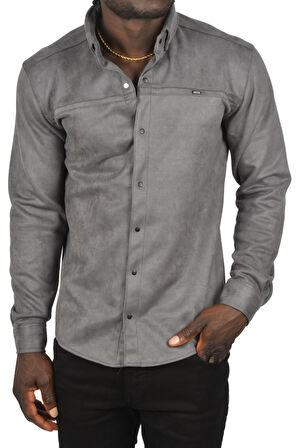 DeepSEA Erkek Füme Likralı Çıtçıtlı Kırışmayan Süet Kumaş Slim Fit Cepsiz Mevsimlik Gömlek 2500556