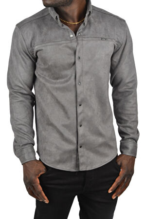 DeepSEA Erkek Füme Likralı Çıtçıtlı Kırışmayan Süet Kumaş Slim Fit Cepsiz Mevsimlik Gömlek 2500556