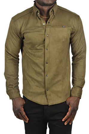 DeepSEA Erkek Haki Likralı Çıtçıtlı Kırışmayan Süet Kumaş Slim Fit Cepsiz Mevsimlik Gömlek 2500556