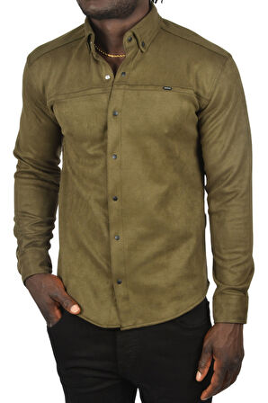 DeepSEA Erkek Haki Likralı Çıtçıtlı Kırışmayan Süet Kumaş Slim Fit Cepsiz Mevsimlik Gömlek 2500556