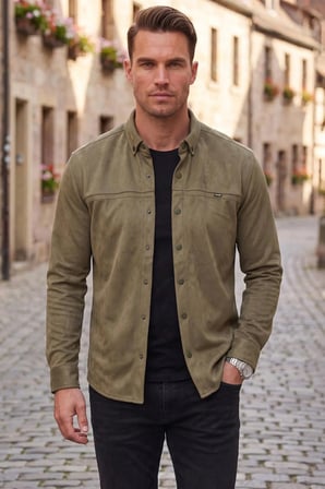 DeepSEA Erkek Haki Likralı Çıtçıtlı Kırışmayan Süet Kumaş Slim Fit Cepsiz Mevsimlik Gömlek 2500556