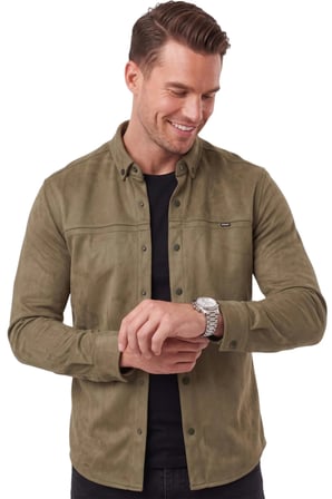 DeepSEA Erkek Haki Likralı Çıtçıtlı Kırışmayan Süet Kumaş Slim Fit Cepsiz Mevsimlik Gömlek 2500556