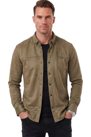 DeepSEA Erkek Haki Likralı Çıtçıtlı Kırışmayan Süet Kumaş Slim Fit Cepsiz Mevsimlik Gömlek 2500556