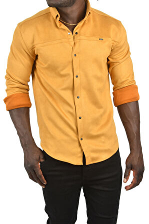 DeepSEA Erkek Hardal Sarısı Likralı Çıtçıtlı Kırışmayan Süet Kumaş Slim Fit Cepsiz Mevsimlik Gömlek 2500556