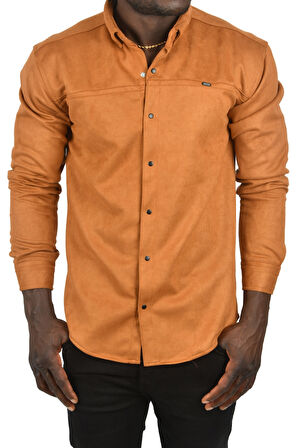 DeepSEA Erkek Taba Likralı Çıtçıtlı Kırışmayan Süet Kumaş Slim Fit Cepsiz Mevsimlik Gömlek 2500556