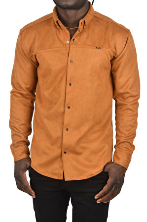 DeepSEA Erkek Taba Likralı Çıtçıtlı Kırışmayan Süet Kumaş Slim Fit Cepsiz Mevsimlik Gömlek 2500556