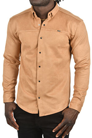 DeepSEA Erkek Camel Likralı Çıtçıtlı Kırışmayan Süet Kumaş Slim Fit Cepsiz Mevsimlik Gömlek 2500556