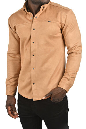 DeepSEA Erkek Camel Likralı Çıtçıtlı Kırışmayan Süet Kumaş Slim Fit Cepsiz Mevsimlik Gömlek 2500556
