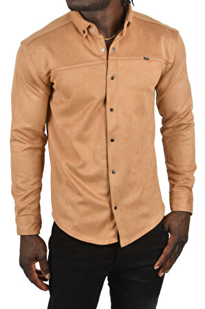 DeepSEA Erkek Camel Likralı Çıtçıtlı Kırışmayan Süet Kumaş Slim Fit Cepsiz Mevsimlik Gömlek 2500556