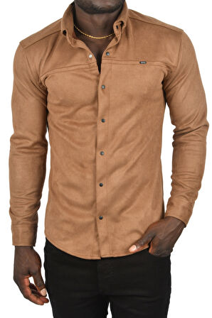 DeepSEA Erkek Açık Kahve Likralı Çıtçıtlı Kırışmayan Süet Kumaş Slim Fit Cepsiz Mevsimlik Gömlek 2500556
