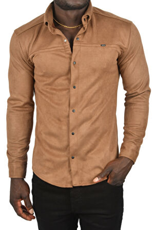 DeepSEA Erkek Açık Kahve Likralı Çıtçıtlı Kırışmayan Süet Kumaş Slim Fit Cepsiz Mevsimlik Gömlek 2500556