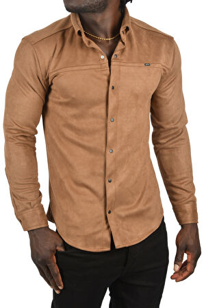 DeepSEA Erkek Açık Kahve Likralı Çıtçıtlı Kırışmayan Süet Kumaş Slim Fit Cepsiz Mevsimlik Gömlek 2500556