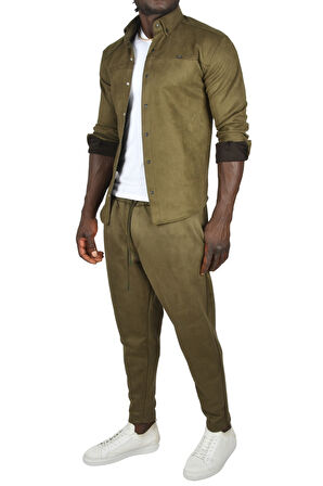 DeepSEA Erkek Haki Beli Lastikli Bağcıklı Kırışmayan Süet Kumaş Rahat Kesim Dar Paça Spor Pantolon 2505556