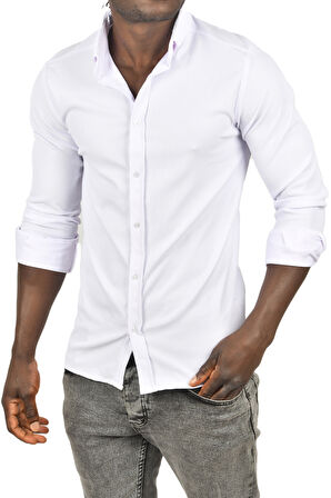 DeepSEA Erkek Beyaz Likralı Kumaşı Fitilli Slim Fit Uzun Kollu Gömlek 2500805