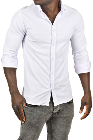 DeepSEA Erkek Beyaz Likralı Kumaşı Fitilli Slim Fit Uzun Kollu Gömlek 2500805