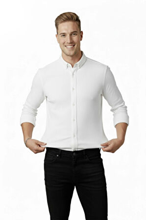 DeepSEA Erkek Beyaz Likralı Kumaşı Fitilli Slim Fit Uzun Kollu Gömlek 2500805