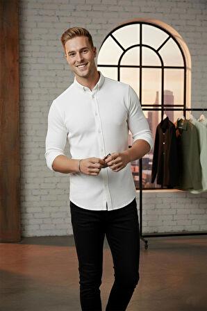 DeepSEA Erkek Beyaz Likralı Kumaşı Fitilli Slim Fit Uzun Kollu Gömlek 2500805