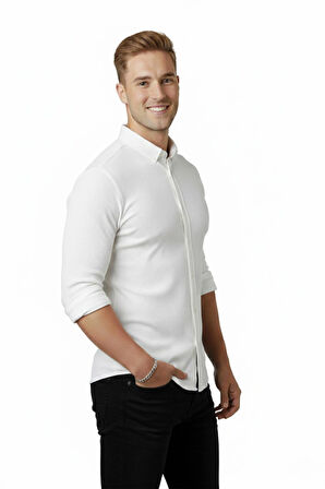 DeepSEA Erkek Beyaz Likralı Kumaşı Fitilli Slim Fit Uzun Kollu Gömlek 2500805