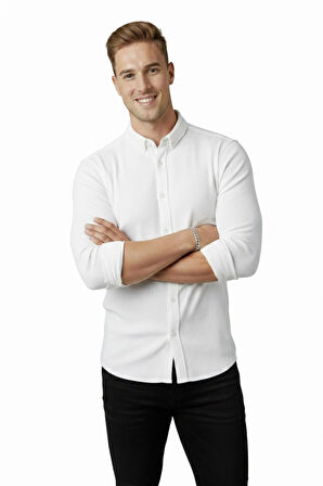 DeepSEA Erkek Beyaz Likralı Kumaşı Fitilli Slim Fit Uzun Kollu Gömlek 2500805