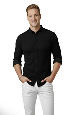 DeepSEA Erkek Siyah Likralı Kumaşı Fitilli Slim Fit Uzun Kollu Gömlek 2500805
