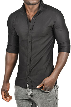 DeepSEA Erkek Siyah Likralı Kumaşı Fitilli Slim Fit Uzun Kollu Gömlek 2500805