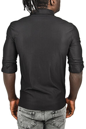 DeepSEA Erkek Siyah Likralı Kumaşı Fitilli Slim Fit Uzun Kollu Gömlek 2500805