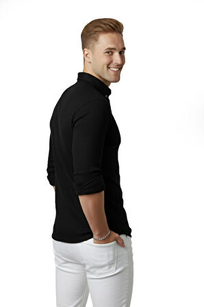 DeepSEA Erkek Siyah Likralı Kumaşı Fitilli Slim Fit Uzun Kollu Gömlek 2500805