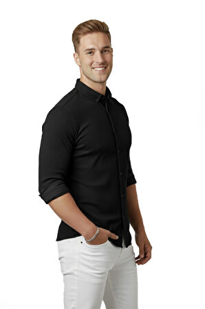 DeepSEA Erkek Siyah Likralı Kumaşı Fitilli Slim Fit Uzun Kollu Gömlek 2500805