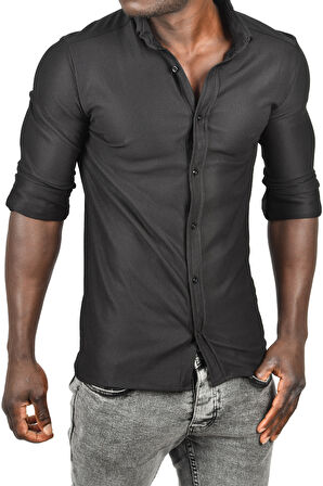 DeepSEA Erkek Siyah Likralı Kumaşı Fitilli Slim Fit Uzun Kollu Gömlek 2500805