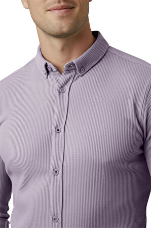 DeepSEA Erkek Gri Likralı Kumaşı Fitilli Slim Fit Uzun Kollu Gömlek 2500805