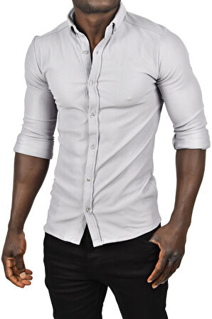 DeepSEA Erkek Gri Likralı Kumaşı Fitilli Slim Fit Uzun Kollu Gömlek 2500805