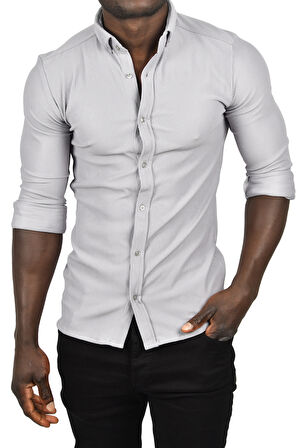 DeepSEA Erkek Gri Likralı Kumaşı Fitilli Slim Fit Uzun Kollu Gömlek 2500805