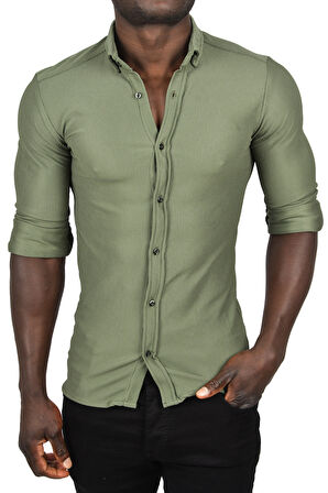 DeepSEA Erkek Haki Likralı Kumaşı Fitilli Slim Fit Uzun Kollu Gömlek 2500805