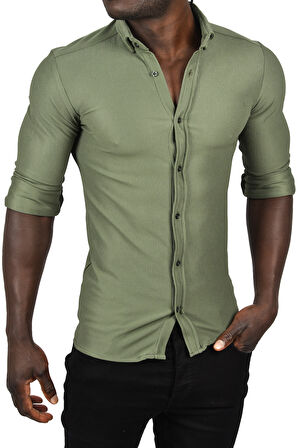 DeepSEA Erkek Haki Likralı Kumaşı Fitilli Slim Fit Uzun Kollu Gömlek 2500805