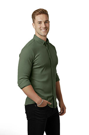 DeepSEA Erkek Haki Likralı Kumaşı Fitilli Slim Fit Uzun Kollu Gömlek 2500805