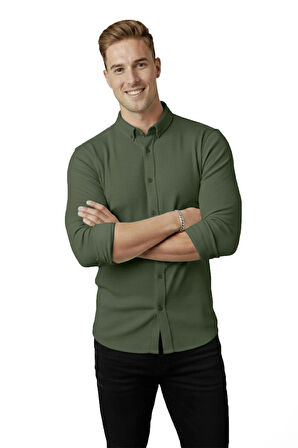 DeepSEA Erkek Haki Likralı Kumaşı Fitilli Slim Fit Uzun Kollu Gömlek 2500805