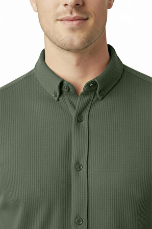 DeepSEA Erkek Haki Likralı Kumaşı Fitilli Slim Fit Uzun Kollu Gömlek 2500805