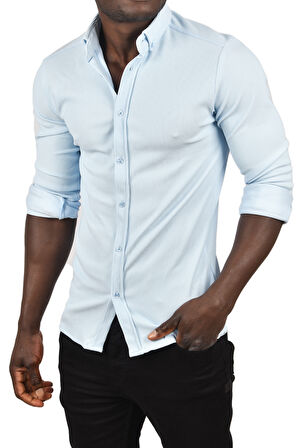 DeepSEA Erkek Buz Mavisi Likralı Kumaşı Fitilli Slim Fit Uzun Kollu Gömlek 2500805