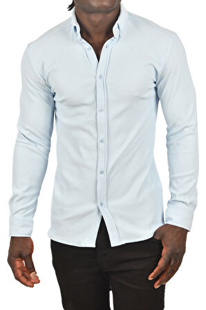 DeepSEA Erkek Buz Mavisi Likralı Kumaşı Fitilli Slim Fit Uzun Kollu Gömlek 2500805