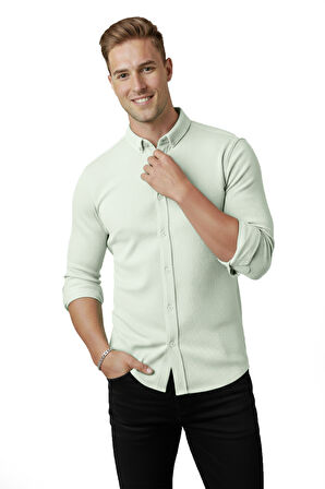 DeepSEA Erkek Mint Yeşili Slim Fit Fitilli Gömlek – Likralı Esnek Kumaş Şık Model 2500805