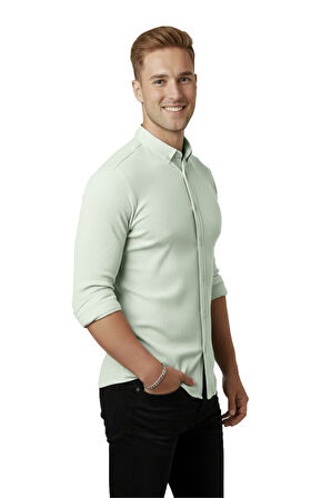 DeepSEA Erkek Mint Yeşili Slim Fit Fitilli Gömlek – Likralı Esnek Kumaş Şık Model 2500805