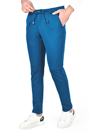 DeepSEA Erkek Mavi Beli Lastikli Slim Fit Likralı Duble Paça Penye Spor Pantolon 2502385