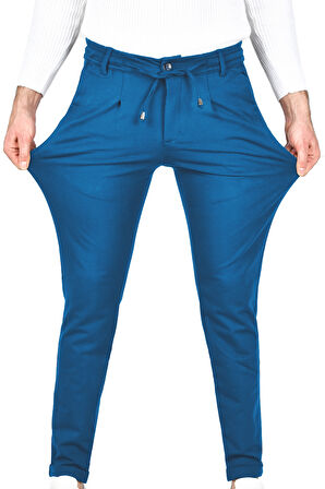 DeepSEA Erkek Mavi Beli Lastikli Slim Fit Likralı Duble Paça Penye Spor Pantolon 2502385