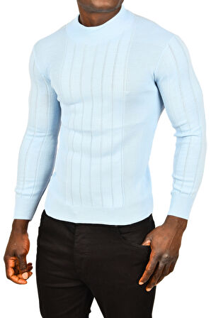 DeepSEA Erkek Bebe Mavisi Yarım Balıkçı Yaka Çizgili Tüylenmeyen Slim Fit Triko Kazak 2505491